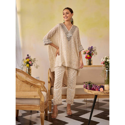 Label S4U Beige Chikankari Sparkle Kaftan with Pant (Set of 3)