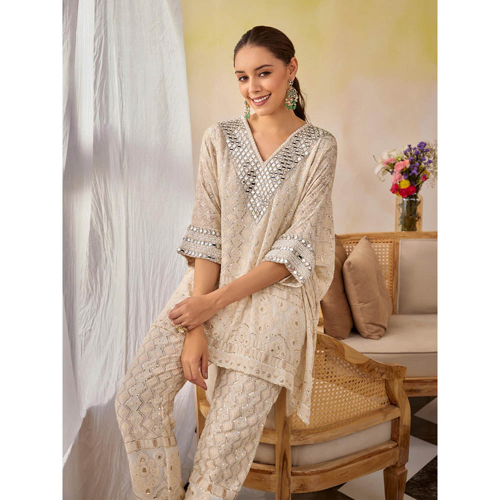 Label S4U Beige Chikankari Sparkle Kaftan with Pant (Set of 3)