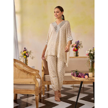 Label S4U Beige Chikankari Sparkle Kaftan with Pant (Set of 3)