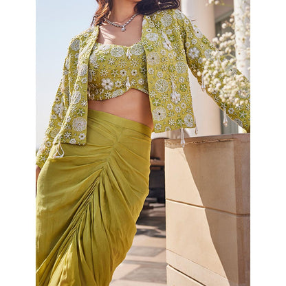 Label S4U Lime Green Embroidered Draped Skirt with Blouse and Jacket (Set of 3)