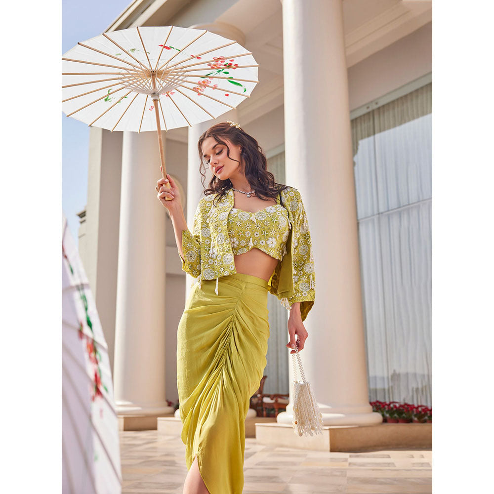 Label S4U Lime Green Embroidered Draped Skirt with Blouse and Jacket (Set of 3)