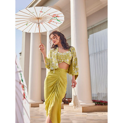 Label S4U Lime Green Embroidered Draped Skirt with Blouse and Jacket (Set of 3)