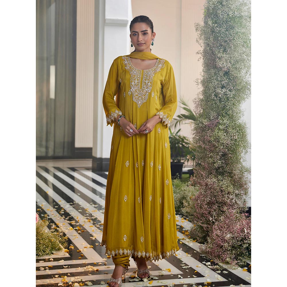 Label S4U Yellow Embroidered Anarkali Kurta with Churidar and Dupatta