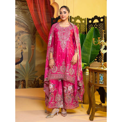 Label S4U Fuchsia Pink Embroidered Palazzo with Kurta and Dupatta