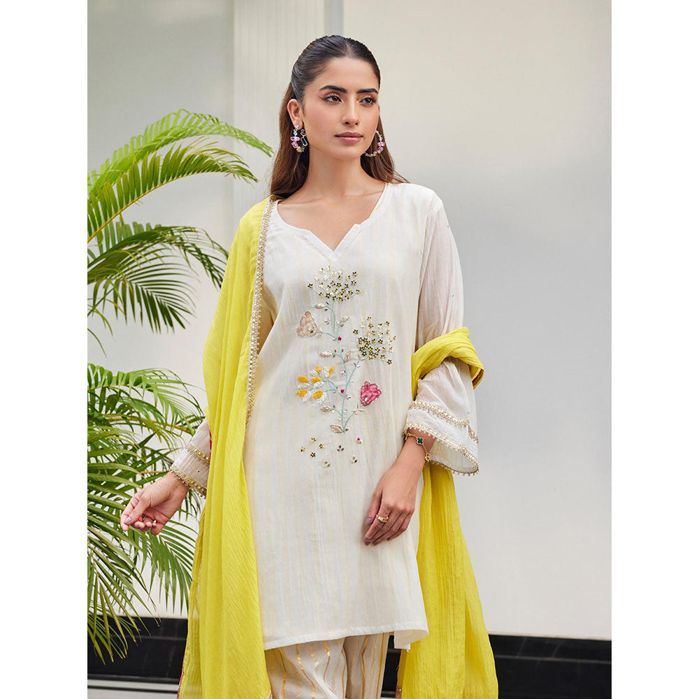 Label S4U White Ethnic Embroidered Kurta with Pant and Dupatta