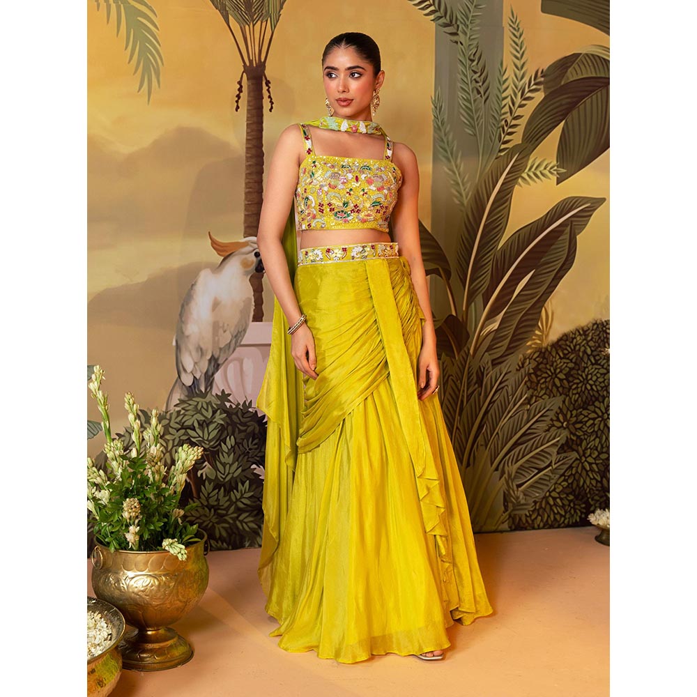 Label S4U Green Floral Embroidered Lehenga with Bustier and Dupatta