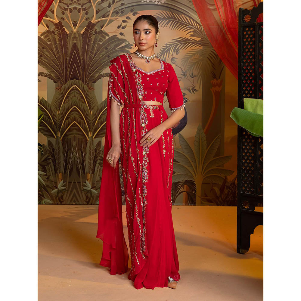 Label S4U Red Embroidered Lehenga with Blouse and Dupatta