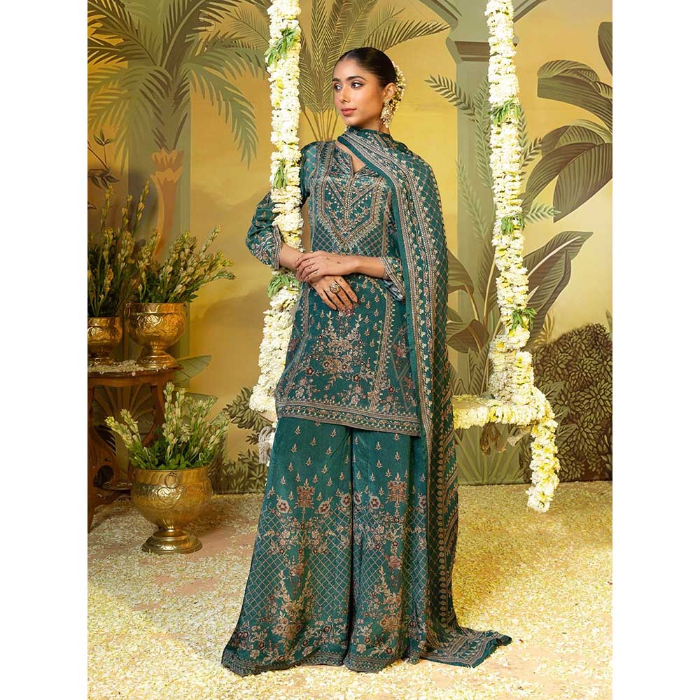 Label S4U Emerald Green Grace Printed Kurti with Palazzo and Dupatta