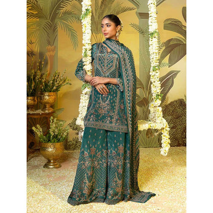 Label S4U Emerald Green Grace Printed Kurti with Palazzo and Dupatta