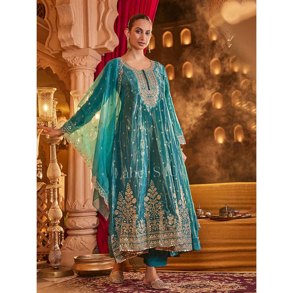 Label S4U Teal Embroidery Anarkali with Pant and Dupatta