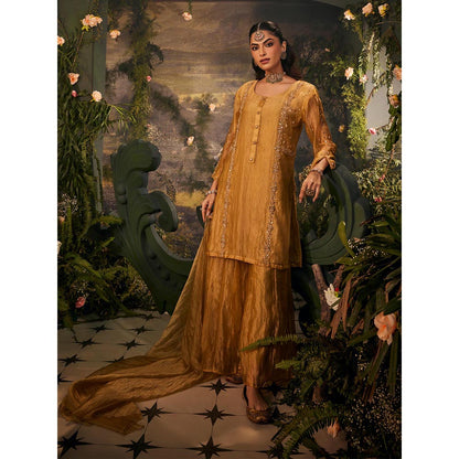 Label S4U Womens Tissue Sequined Yellow Kurta with Palazzo and Dupatta