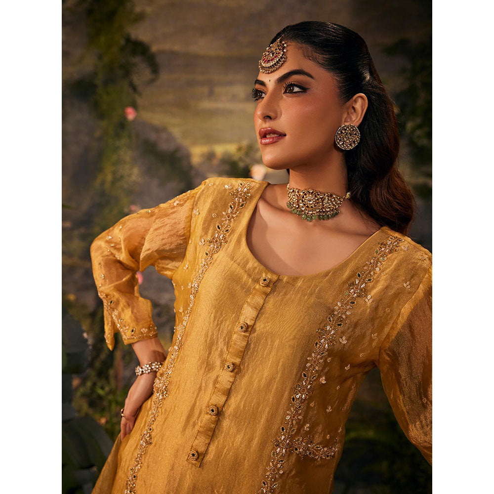 Label S4U Womens Tissue Sequined Yellow Kurta with Palazzo and Dupatta