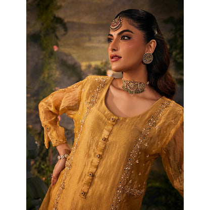 Label S4U Womens Tissue Sequined Yellow Kurta with Palazzo and Dupatta