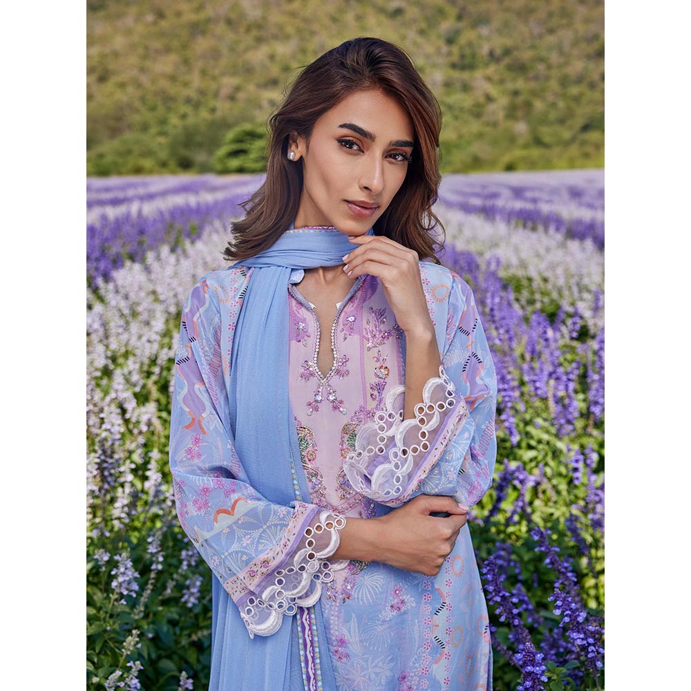 Label S4U Womens Crepe Printed Blue Kurta with Palazzo and Dupatta