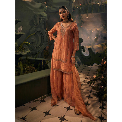 Label S4U Womens Tissue Sequined Peach Kurta with Palazzo and Dupatta