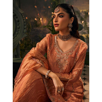 Label S4U Womens Tissue Sequined Peach Kurta with Palazzo and Dupatta