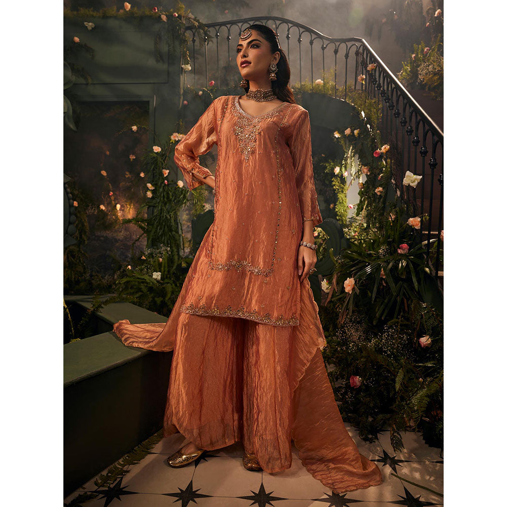 Label S4U Womens Tissue Sequined Peach Kurta with Palazzo and Dupatta