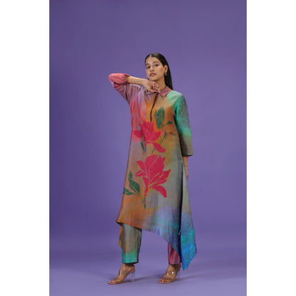 Label Radini Mystic Petals Long Kurta with Pant - Multi-Color