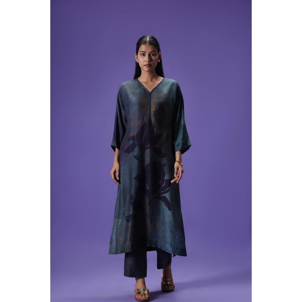 Label Radini Twilight Grace Long Kurta with Pant - Navy Blue