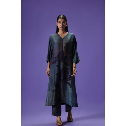 Label Radini Twilight Grace Long Kurta with Pant - Navy Blue
