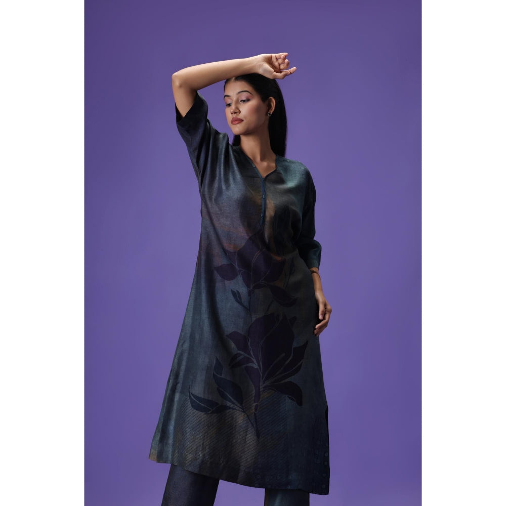 Label Radini Twilight Grace Long Kurta with Pant - Navy Blue