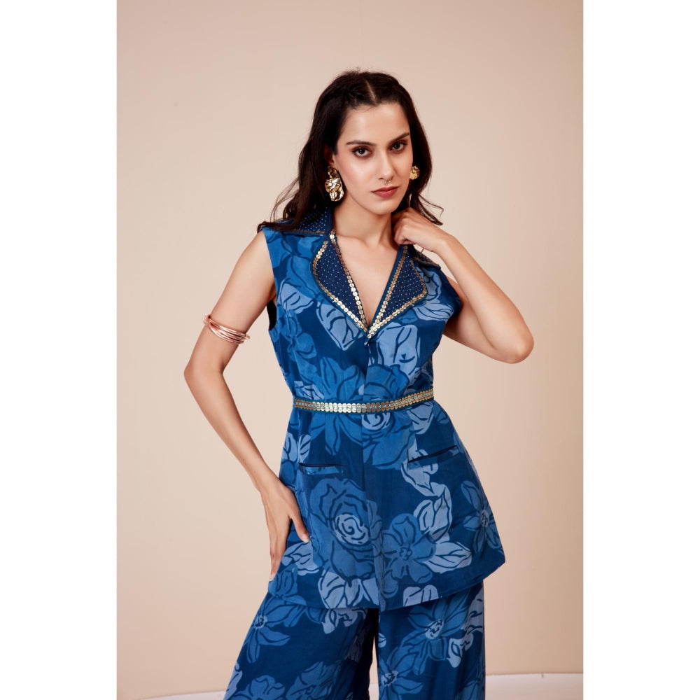 LABEL NIYAMI Celtic Blue Power Blazer with Pant and Belt