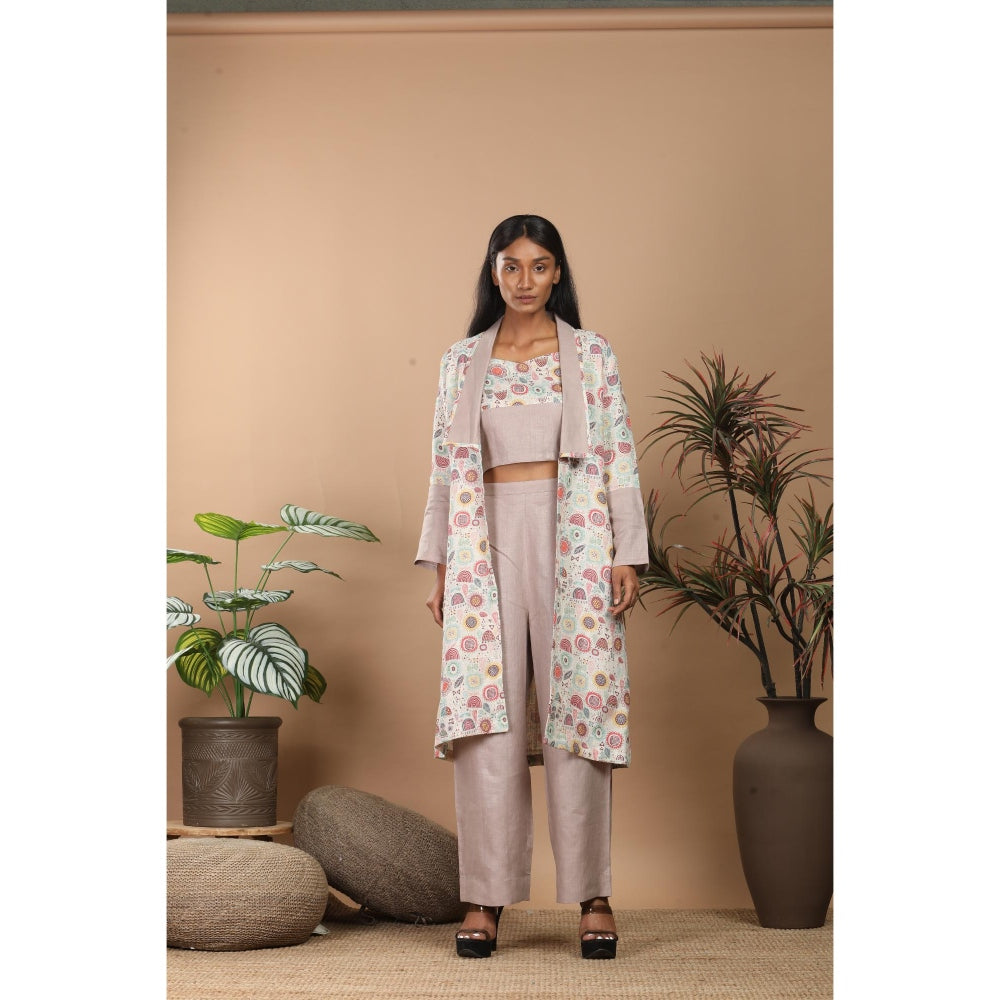 LABEL NIYAMI Brown Linen Jacket with Crop Top and Pant