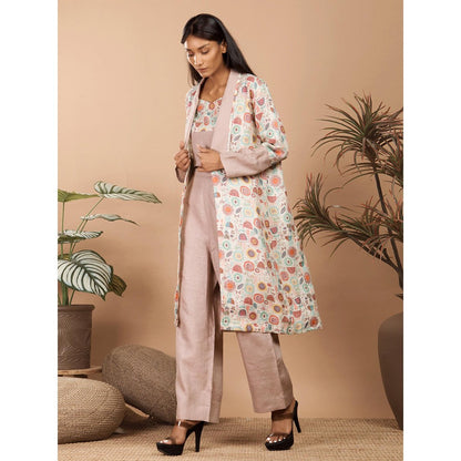 LABEL NIYAMI Brown Linen Jacket with Crop Top and Pant