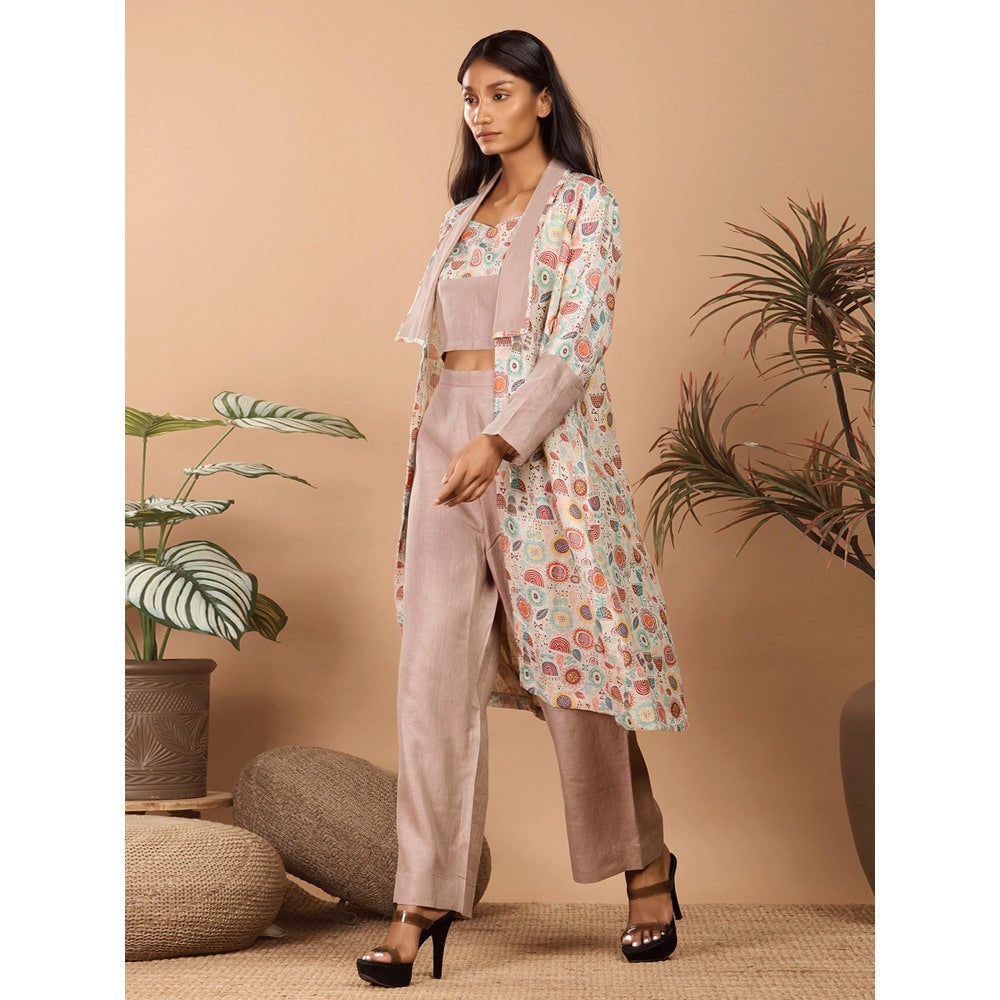 LABEL NIYAMI Brown Linen Jacket with Crop Top and Pant