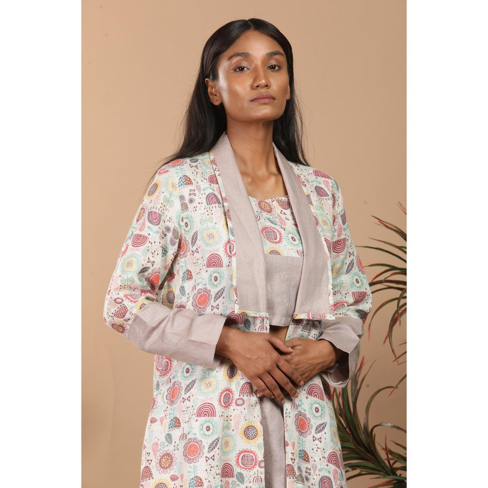LABEL NIYAMI Brown Linen Jacket with Crop Top and Pant