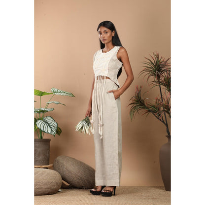 LABEL NIYAMI Off White Fringes Crop Top with Pant