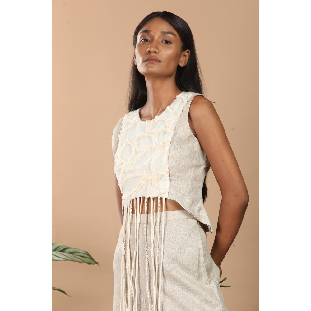 LABEL NIYAMI Off White Fringes Crop Top with Pant