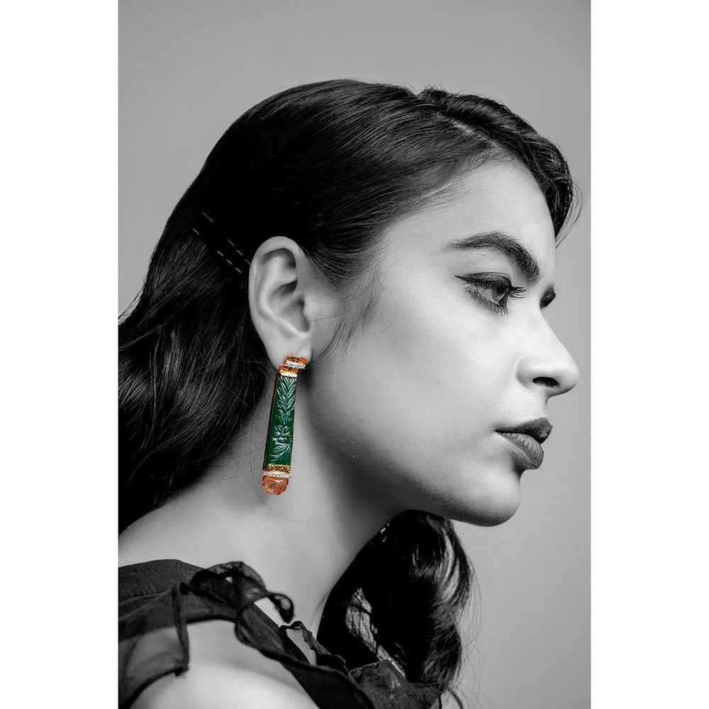 La marque-M Green Stone Carved Diamond Earrings