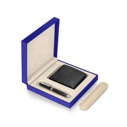 Lapis Bard Gift Set Contemporary Ballpoint Pen With Mayfair Coin Pocket Wallet Black and Chrome