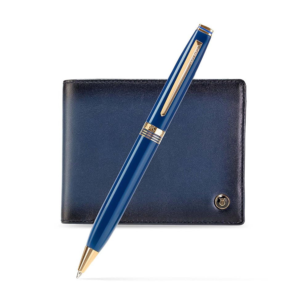 Lapis Bard Gift Set Contemporary Gold Trims Ballpoint Pen With Ducorium Wallet Blue With Gold Trim