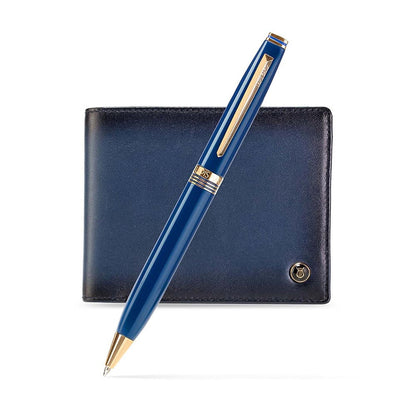 Lapis Bard Gift Set Contemporary Gold Trims Ballpoint Pen With Ducorium Wallet Blue With Gold Trim