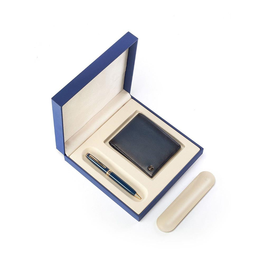Lapis Bard Gift Set Contemporary Gold Trims Ballpoint Pen With Ducorium Wallet Blue With Gold Trim