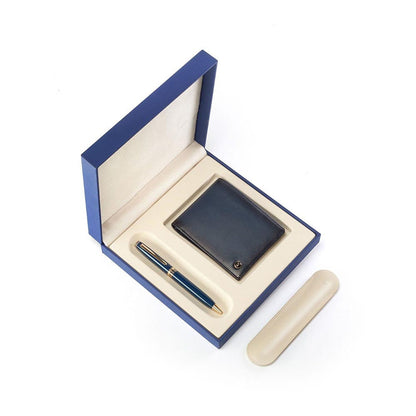 Lapis Bard Gift Set Contemporary Gold Trims Ballpoint Pen With Ducorium Wallet Blue With Gold Trim