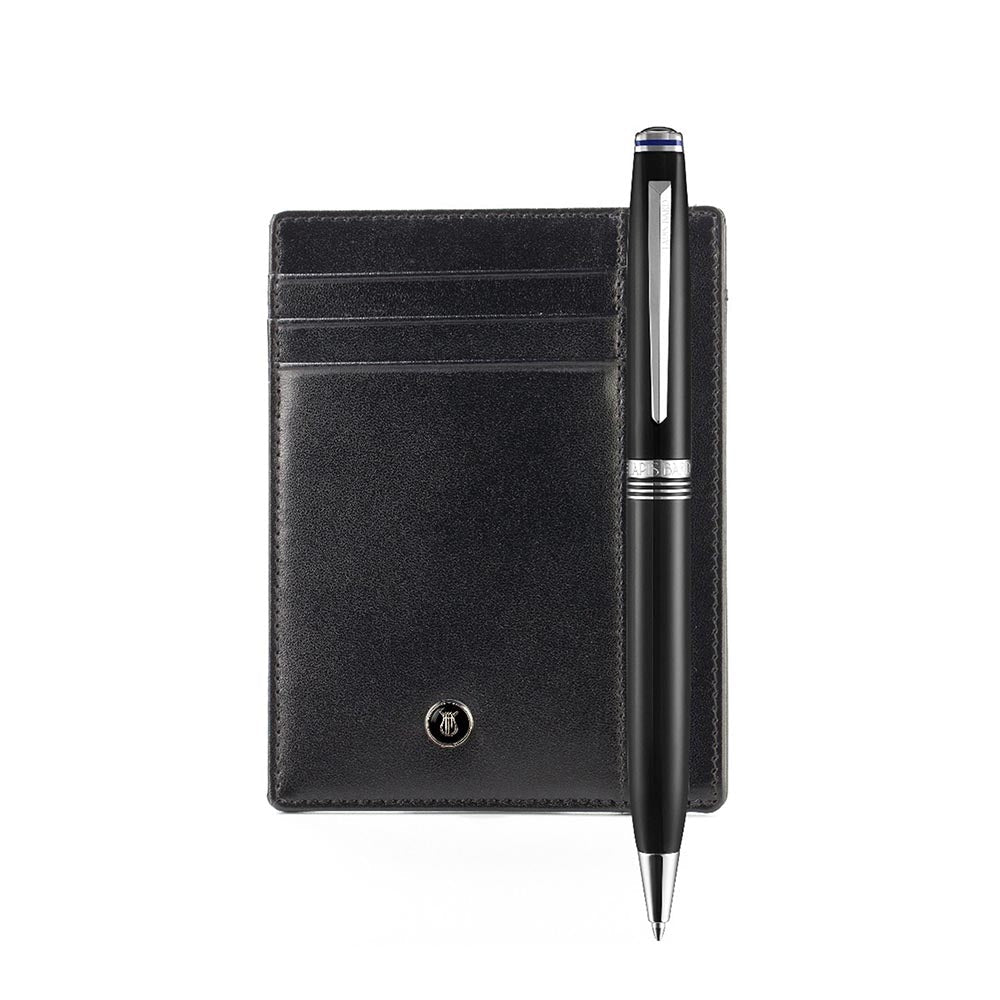 Lapis Bard Gift Set Contemporary Ballpoint Pen With Mayfair Card Holder Black With Chrome Trims