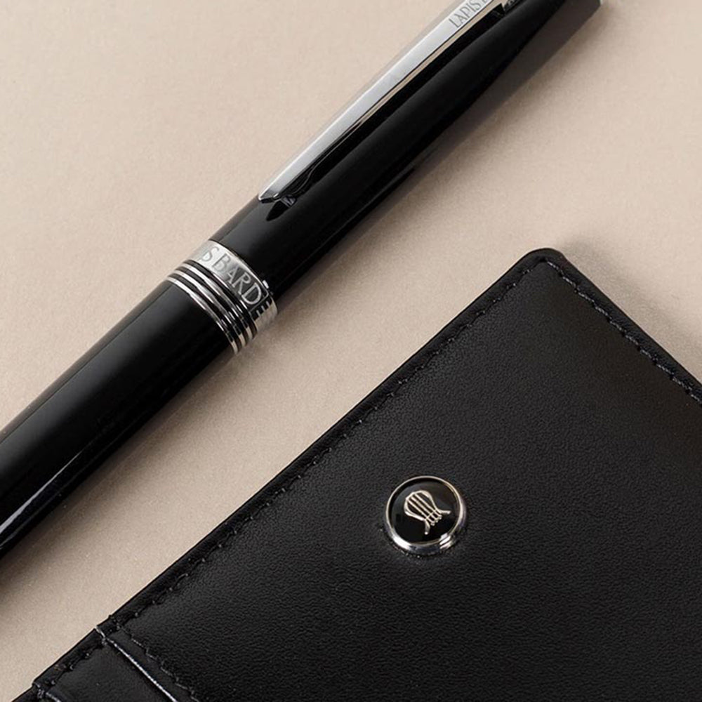 Lapis Bard Gift Set Contemporary Ballpoint Pen With Mayfair Card Holder Black With Chrome Trims