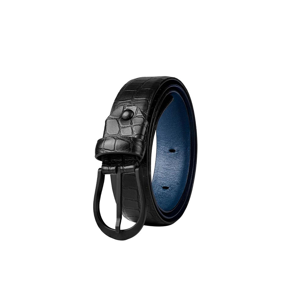 Lapis Bard Black and Deep Blue Sullivan Carbon Black Croco Print Leather Belt