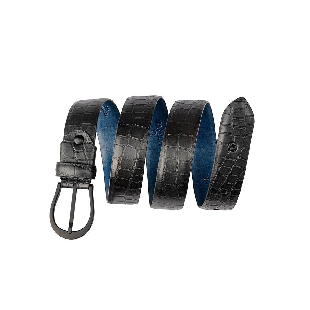 Lapis Bard Black and Deep Blue Sullivan Carbon Black Croco Print Leather Belt