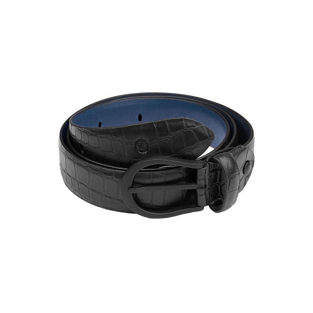 Lapis Bard Black and Deep Blue Sullivan Carbon Black Croco Print Leather Belt