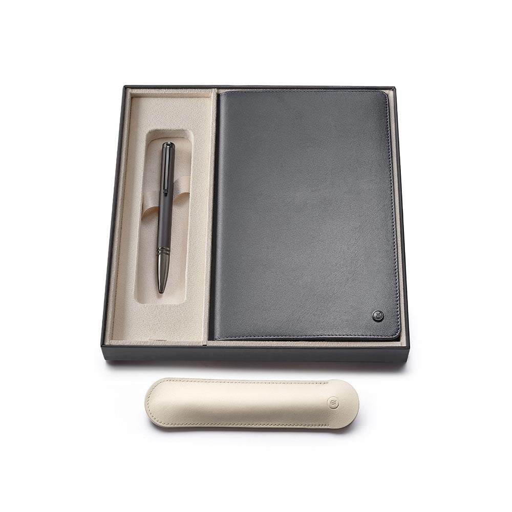 Lapis Bard Torque Matte Grey Ball Pen and GraphiteDucorium Leather Notebook Jacket Gift Set