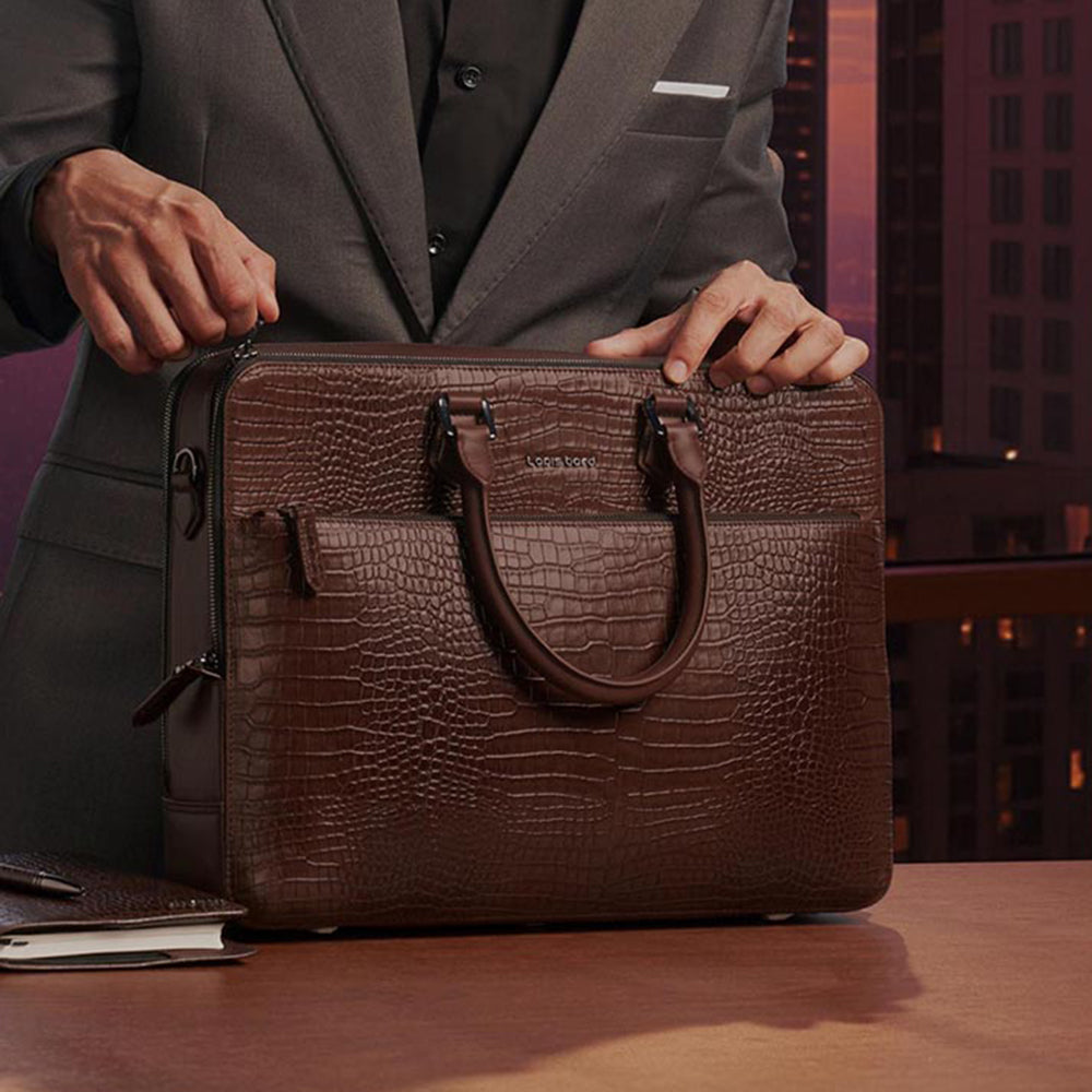 Lapis Bard Dark Brown Mandeville 14-Inch Croc-Textured Laptop Bag