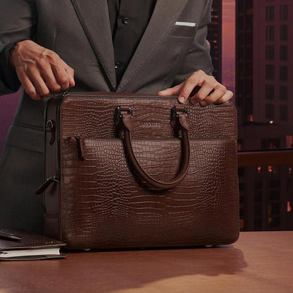 Lapis Bard Dark Brown Mandeville 14-Inch Croc-Textured Laptop Bag
