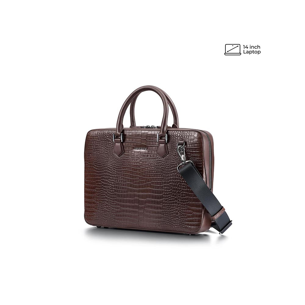 Lapis Bard Dark Brown Mandeville 14-Inch Croc-Textured Laptop Bag