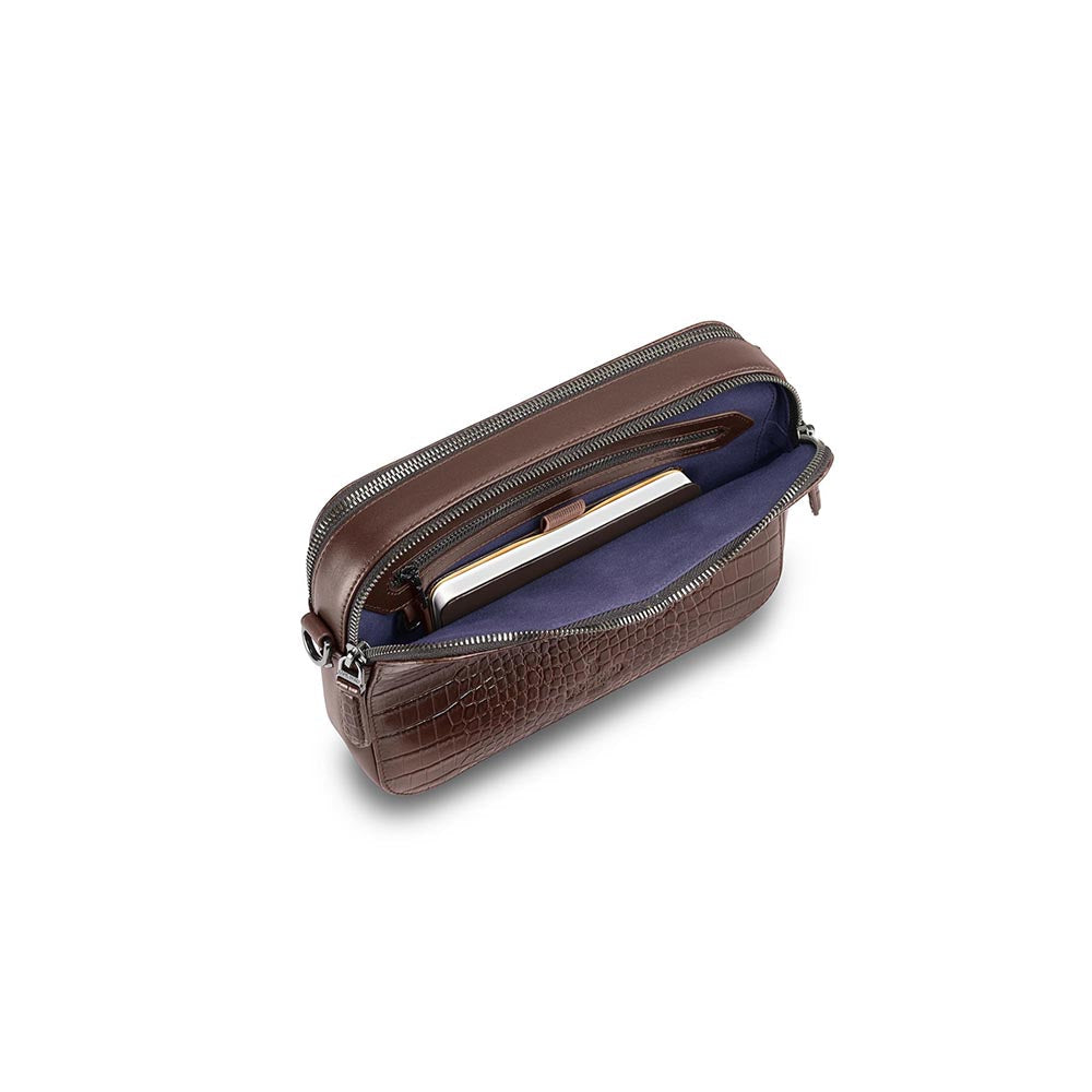 Lapis Bard Dark Brown Mandeville Croc-Textured Crossbody Bag with Detachable Strap