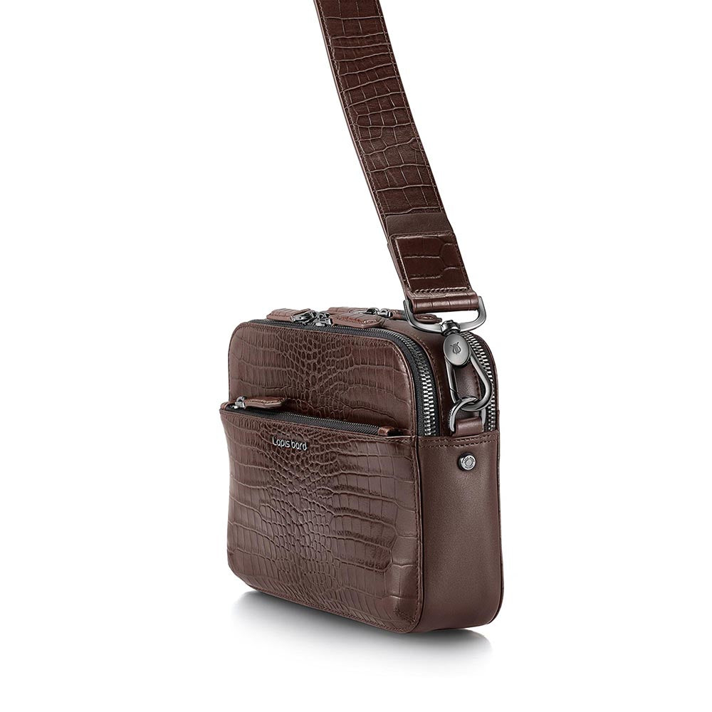 Lapis Bard Dark Brown Mandeville Croc-Textured Crossbody Bag with Detachable Strap