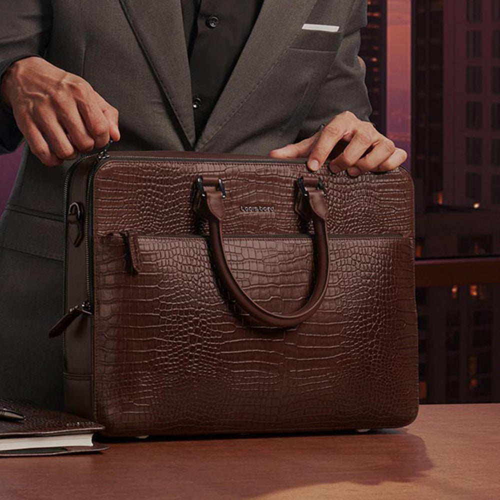 Lapis Bard Dark Brown Mandeville 15-Inch Croc-Textured Laptop Bag with Detachable Strap